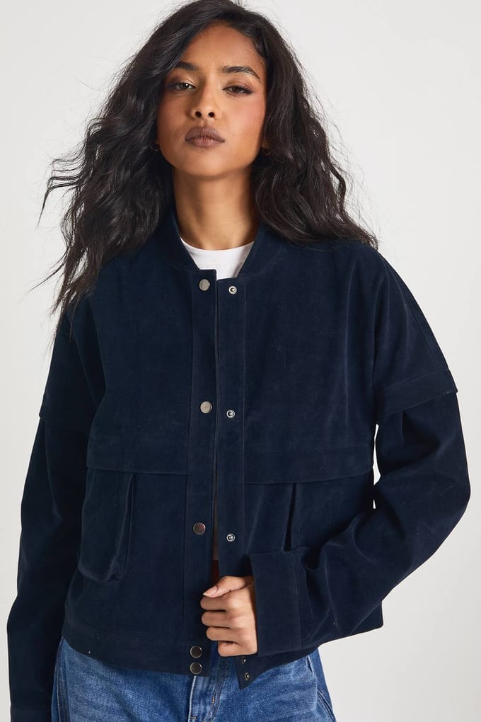 boohoo Dames Boxy Suede Bomberjack | Navy | Maat: 14