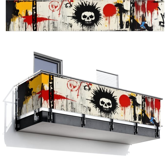 Balkonscherm 500x100 cm - Balkonposter Graffiti - Schedel - Abstract - Rood - Balkon scherm decoratie - Balkonschermen - Balkondoek zonnescherm