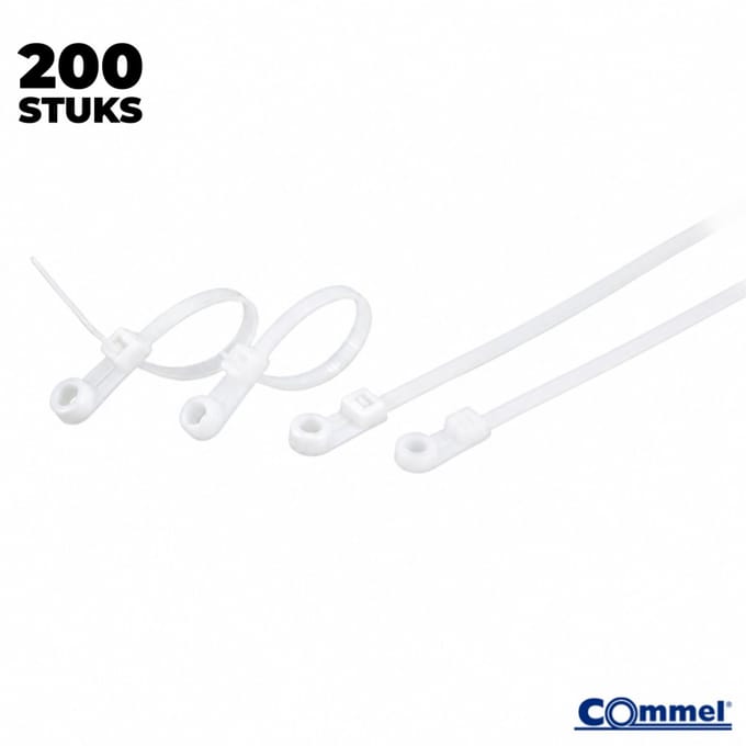 200x Commel Kabelbinders met Bevestigingsoog - ⌀4.5 mm - 145 x 3.6 mm - Wit - Nylon - Treksterkte 18kg