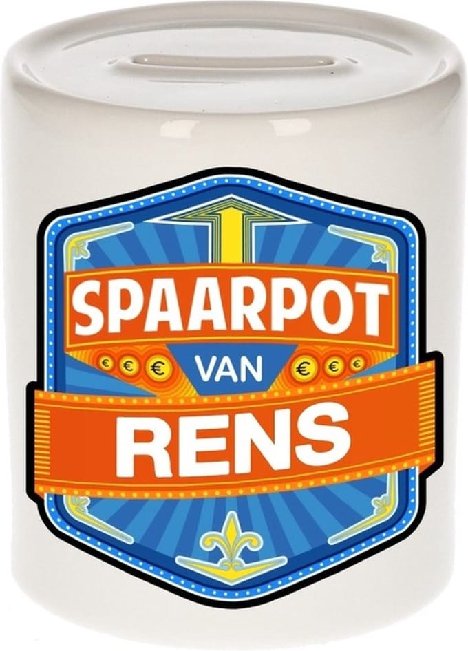 Bellatio Decorations Kinder spaarpot met naam - Rens - keramiek - met dop - wit - Sparen - Spaargeld van Rens