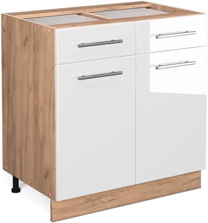 Keukenonderkast Ladekast 80 cm Wit Hoogglans met Eiken Houtdecor