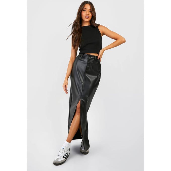 boohoo Dames Leather Look Hoge Taille Gespleten Maxi Rok | Black | Maat: 8