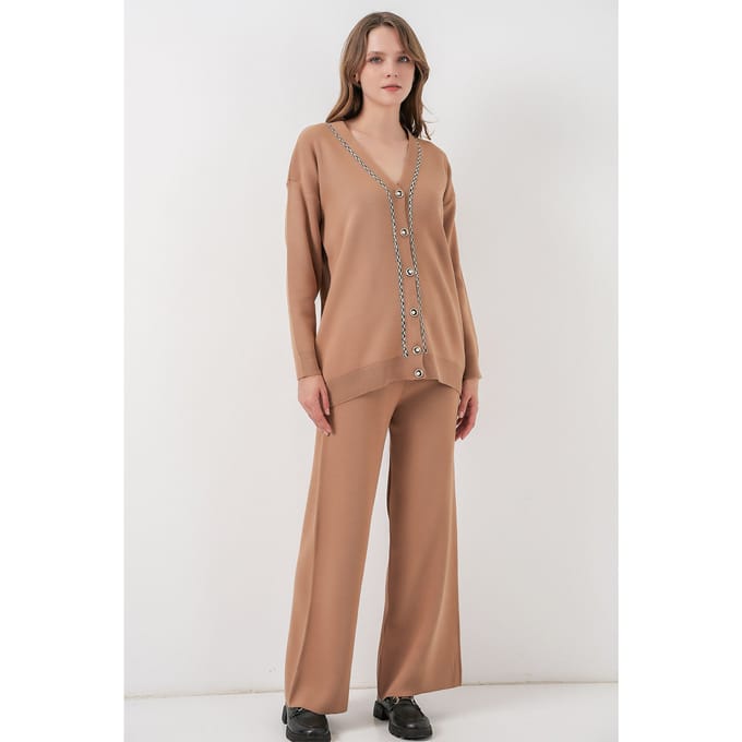 V-hals cardigan en wijde broek set