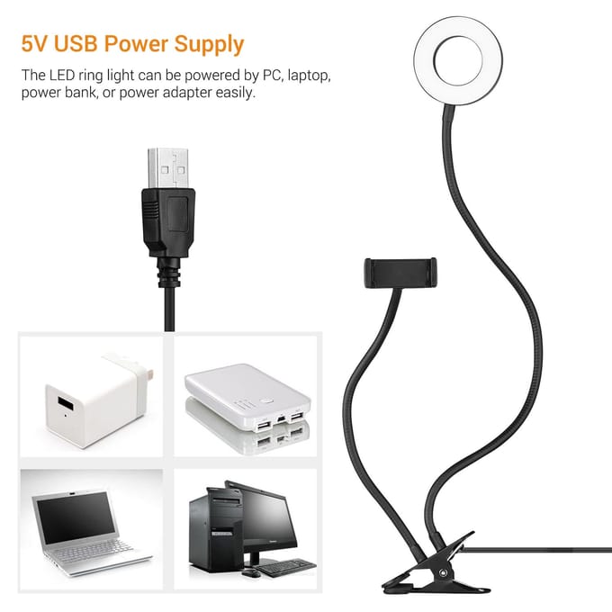 Webcam Lichtstatief 3,5 Inch Clip-On Mini USB Ringlamp 3 Verlichtingsmodi Dimbaar Flexibel zwart
