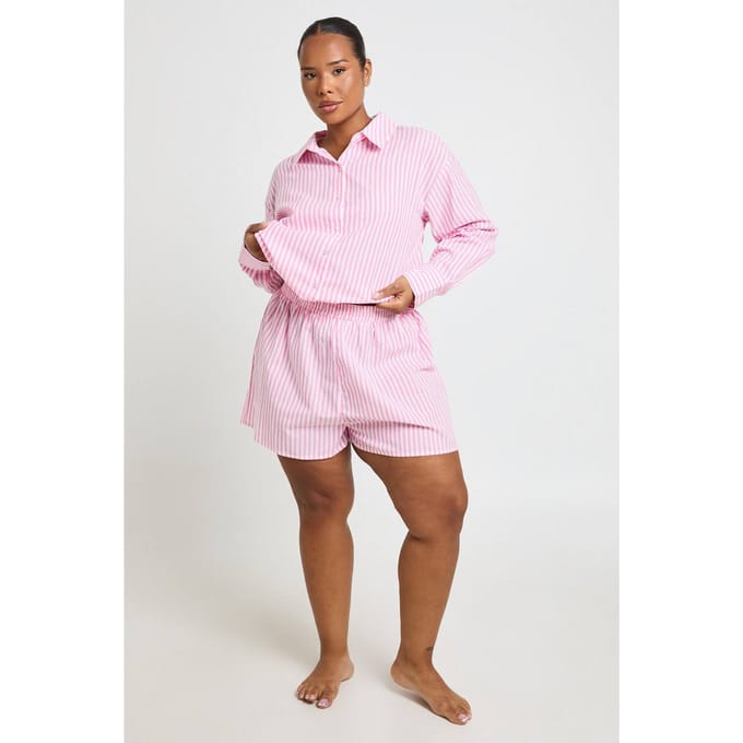 boohoo Dames Plus Katoenen Pyjamashort Met Krijtstreep | Roze | Maat: 52