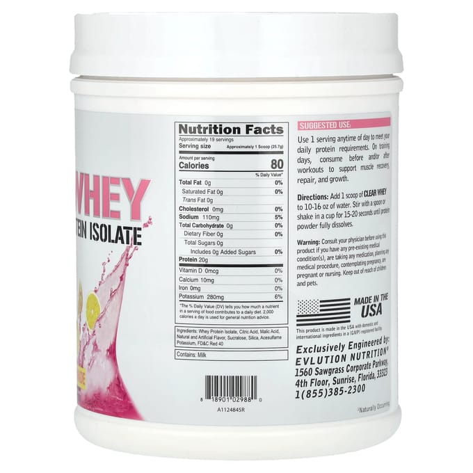 EVLution Nutrition, Clear Whey, 100% Isolat de Protéine de Whey, Limonade Rose, 1,1 lb (500 g)