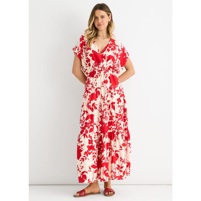 Rode maxi-jurk met bloemenprint en elastische tailleband