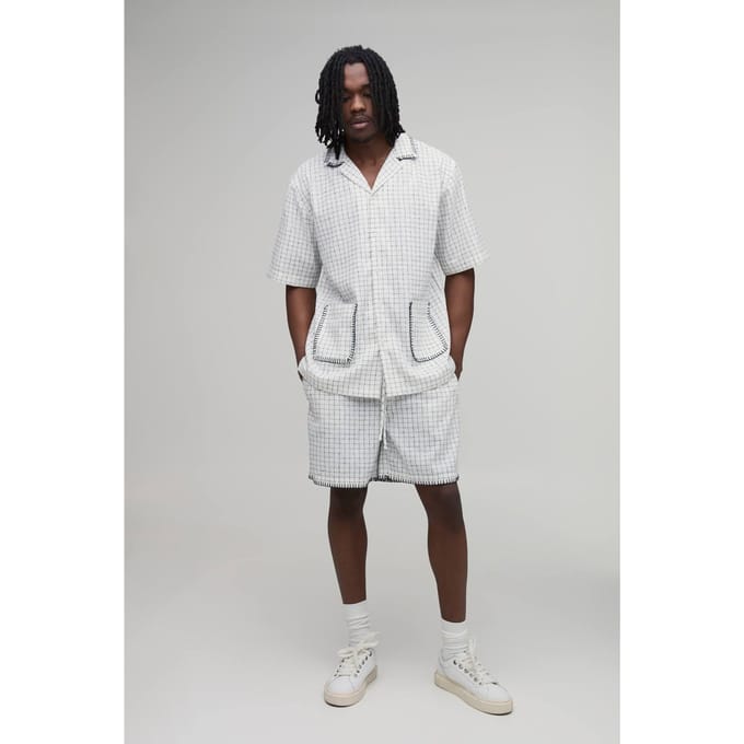 Tall Windowpane Check Blanket Stitch Oversized Short Sleeve Shirt & Baggy Short Set | White | Size Medium