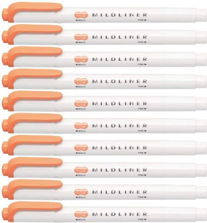 Zebra Mildliner Double-Sided Highlighter - Fine / Bold – Mild Apricot Set van 10 + een Luxe Zipperbag - WKT7-MAP