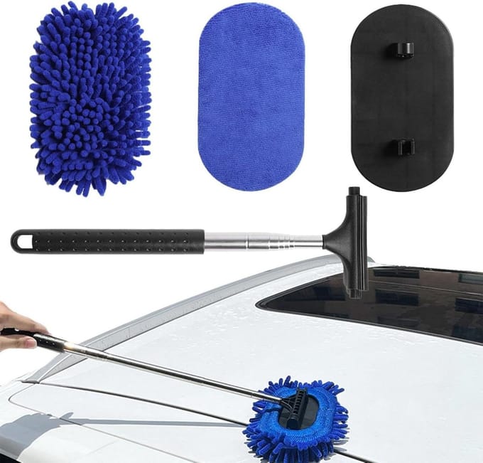 Wasborstel - Microfiber borstel - Auto ramen reinigen - Rotatiekop - 101 cm uitschuifbaar - Grijs