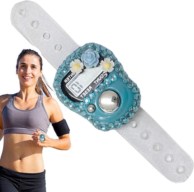 Digitale Vingerteller - Handteller Clicker - Sport Training - Bloemendesign Strass - 10.8 cm Lengte - Blauw