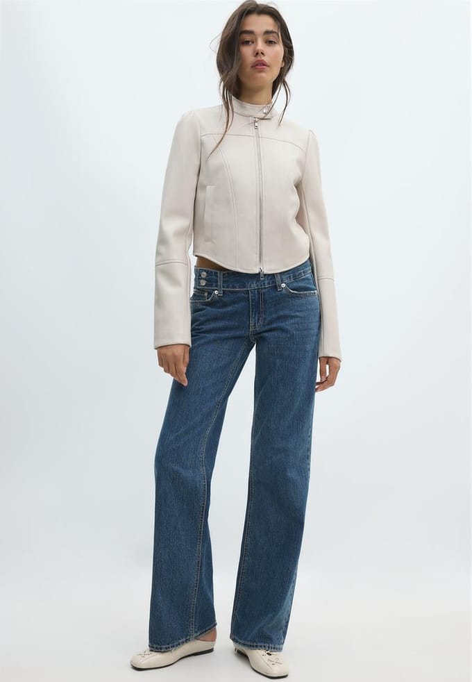 Stradivarius Cropped bikerjack met leereffect  Ecru S