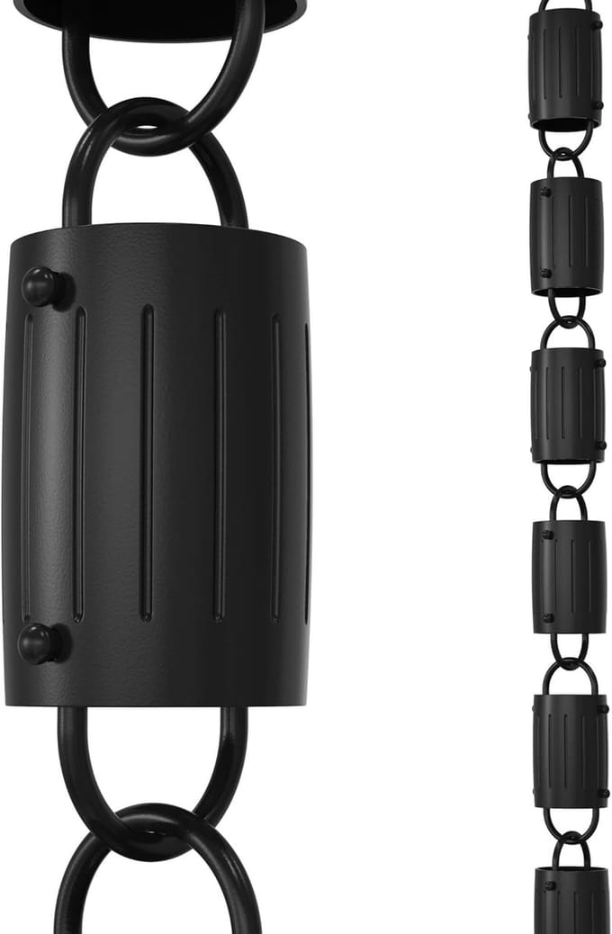 Rain Chains Direct Barrel rain chain, 8.5 feet length, aluminum, black powder coated, functional and decorative replacement for gutter rain pipes