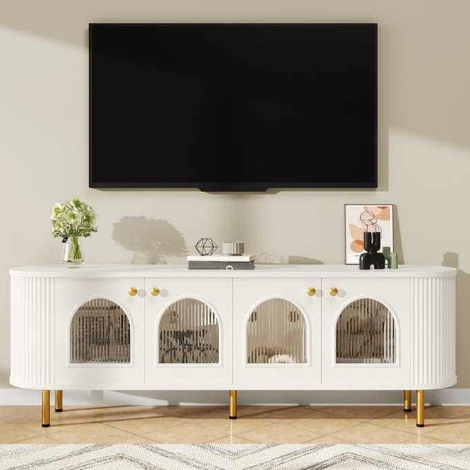 Sweiko TV kast - Met 4 Glazen Deuren - Gouden Handgrepen - Minimalistisch - Wit