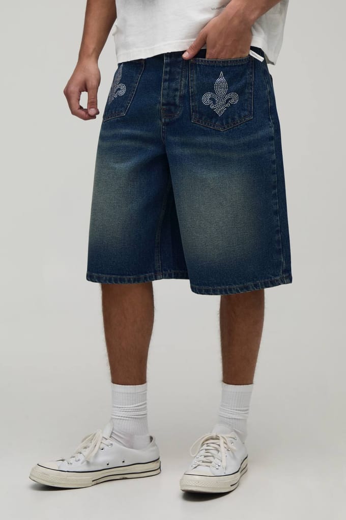 Fleur De Lis Rhinestone Denim Jorts | Antique Blue | Size 60