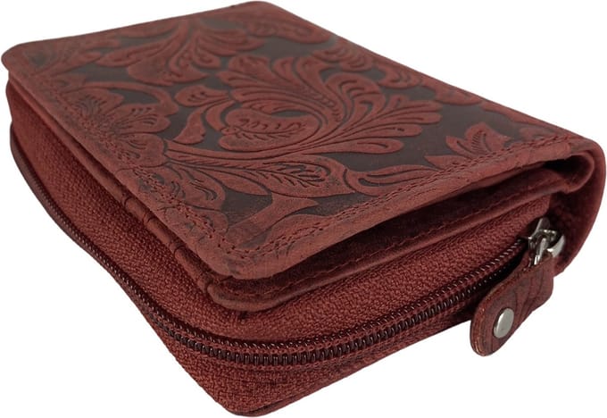 Portemonnee Dames - Buffelleer - Leer - RFID - Bloemenprint - Rood - Arrigo