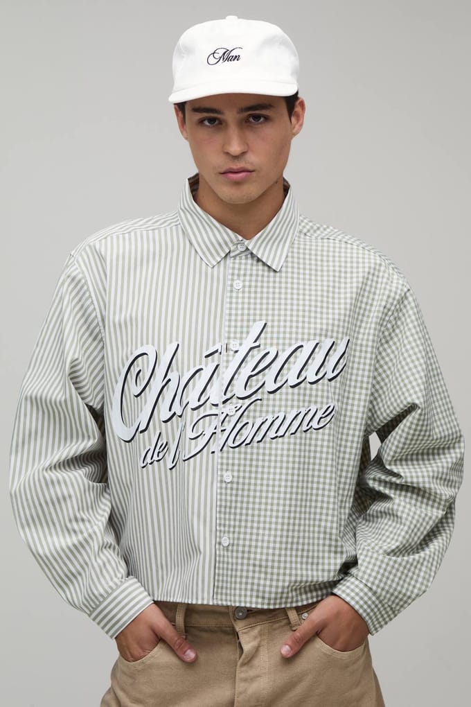 Oversized Crop Spliced Front Print Shirt | Green | Size Medium