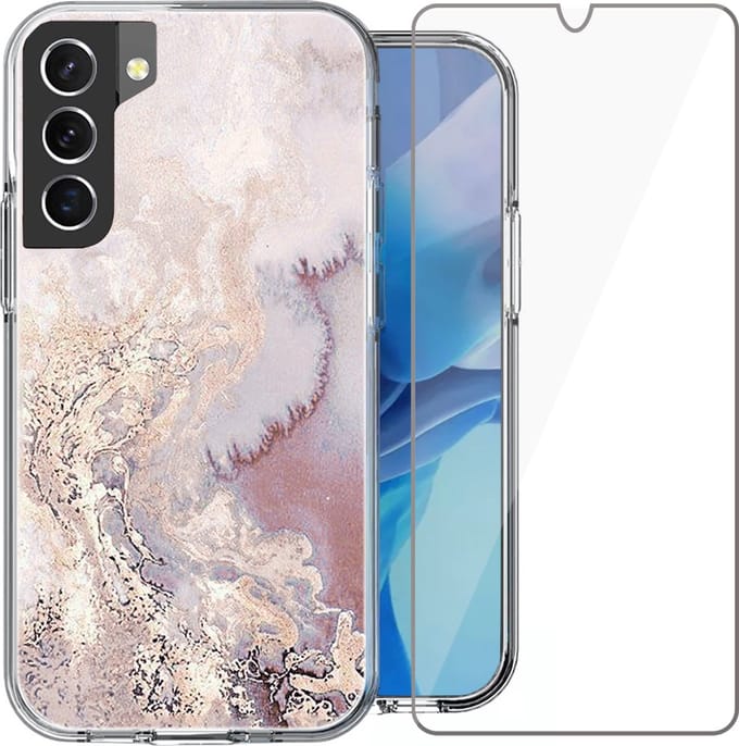Hoesje geschikt voor Samsung Galaxy S22 Plus - Siliconen Shock Proof Case Back Cover Hoes Marmer Roze + Screenprotector Gehard Glas Screen Protector