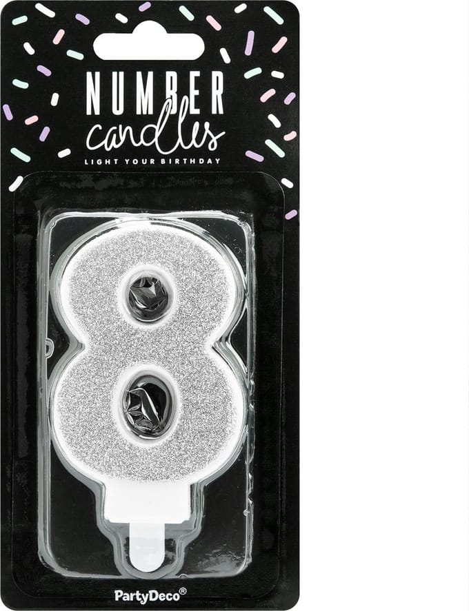 PartyDeco Verjaardag Kaars Nummer 8 - Zilver