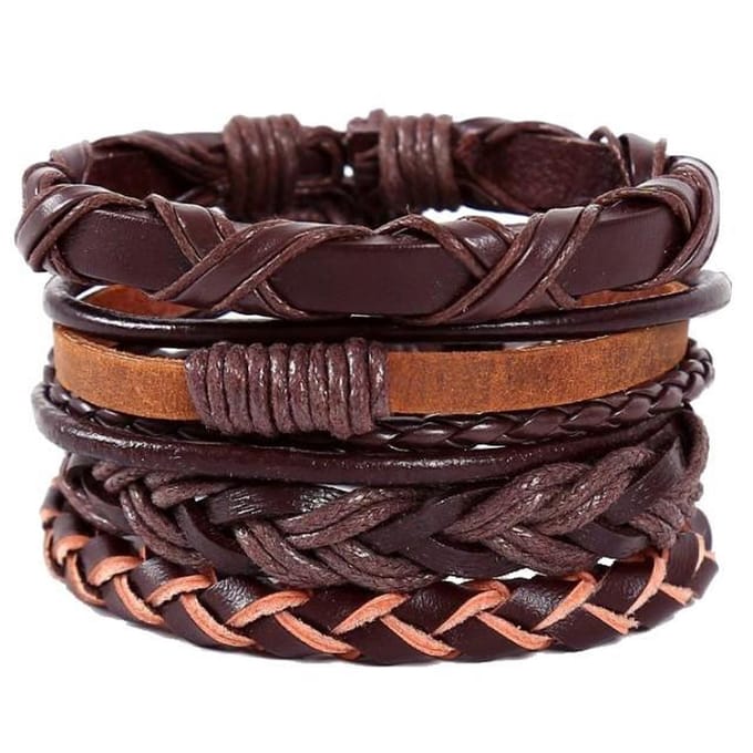 Fako Bijoux® - Leren Armband - Leder - Set Franco - 4 Stuks - Bruin