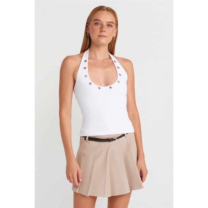 Korte Halterribbelblouse met Steendetail