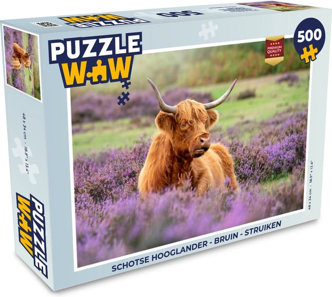Puzzel Schotse Hooglander - Bruin - Struiken - Legpuzzel - Puzzel 500 stukjes