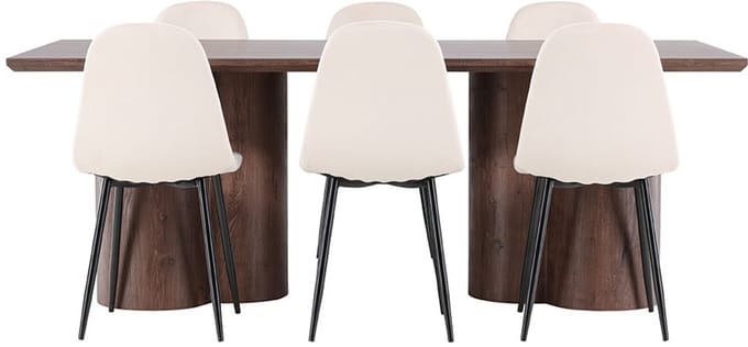Olivia eethoek tafel 100x210cm en 6 velours stoelen mocca.