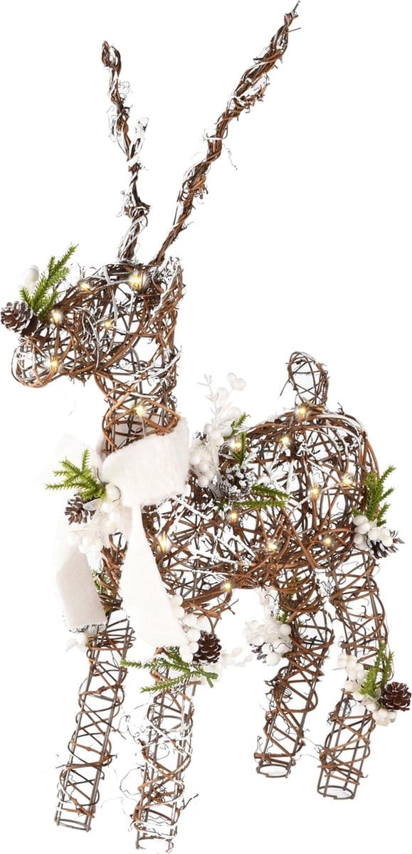 Dekoratief | Deco rendier m/kerstgroen, rotan, LED, 32x17x44cm | A245857