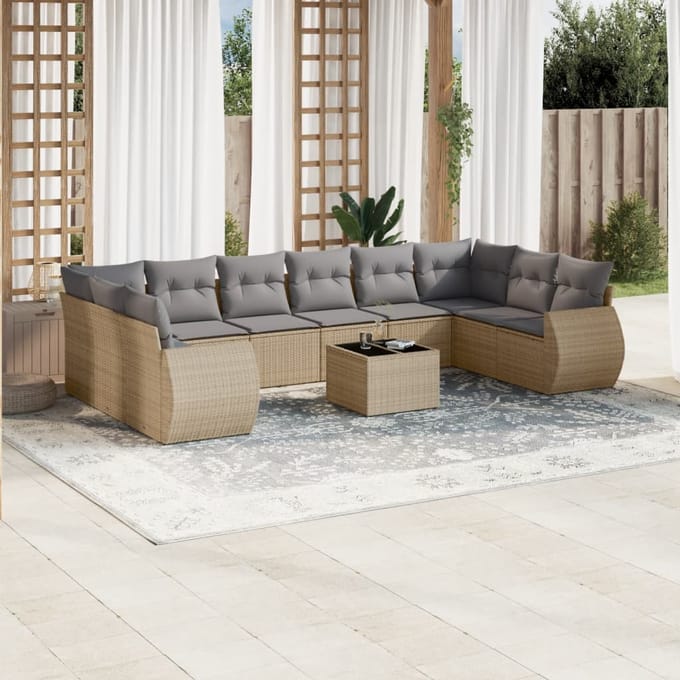 vidaXL - 11-delige - Tuinset - met - kussens - poly - rattan - beige