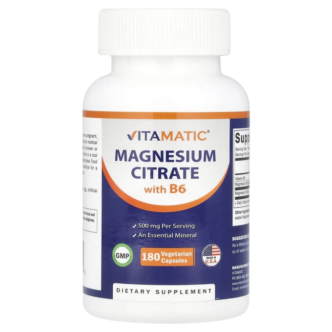 Vitamatic, citrate de magnésium, B6, 180 gélules végétales