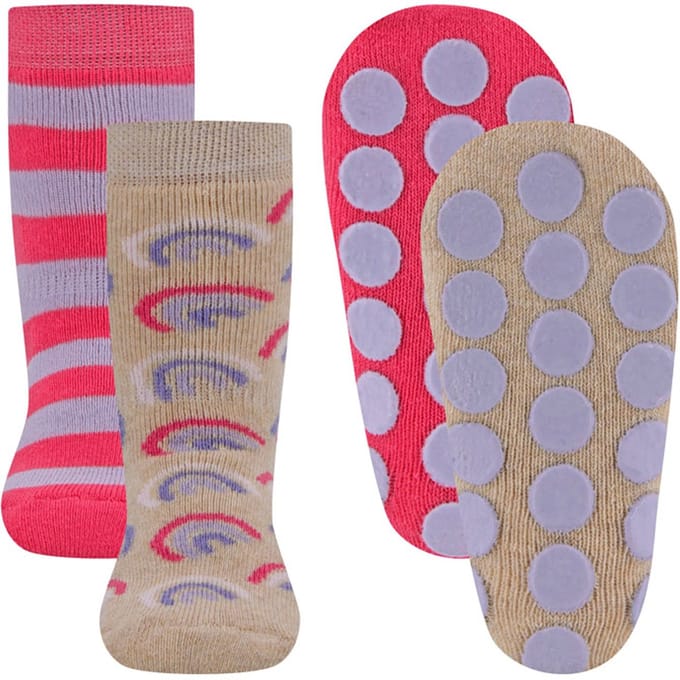 Antislipsokken Ewers - Set 2-Pack - Roze/Lila Banen & Beige Regenbogen- Elastisch - Noppenzool-31/34