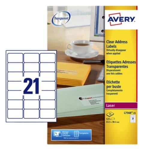 Avery transparante etiketten QuickPEEL formaat 635 x 381 mm (b x h) 525 stuks 21 per blad