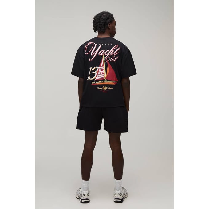 Oversized Boxy Yacht Club T-Shirt & Boxy Jersey Short Set | Black | Size Medium