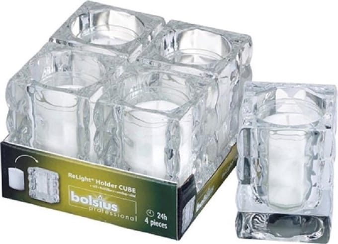 4 stuks - Bolsius - transparant glazen - Relight refillkaarsen houders cube 98/76 met kaars