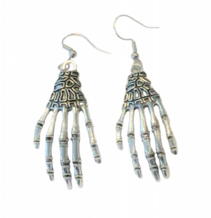Lange oorbellen- skelethand- zilver-Charme Bijoux
