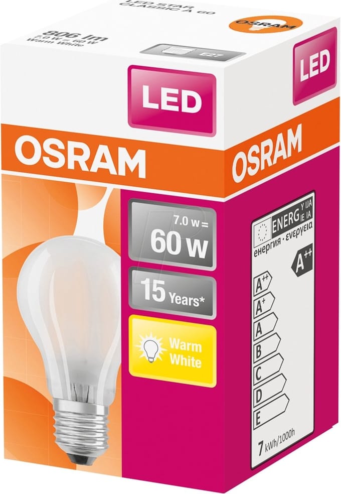 OSRAM LED lamp - Classic A 60 - E27 - filament - mat - 7W - 806 Lumen - warm wit - niet dimbaar