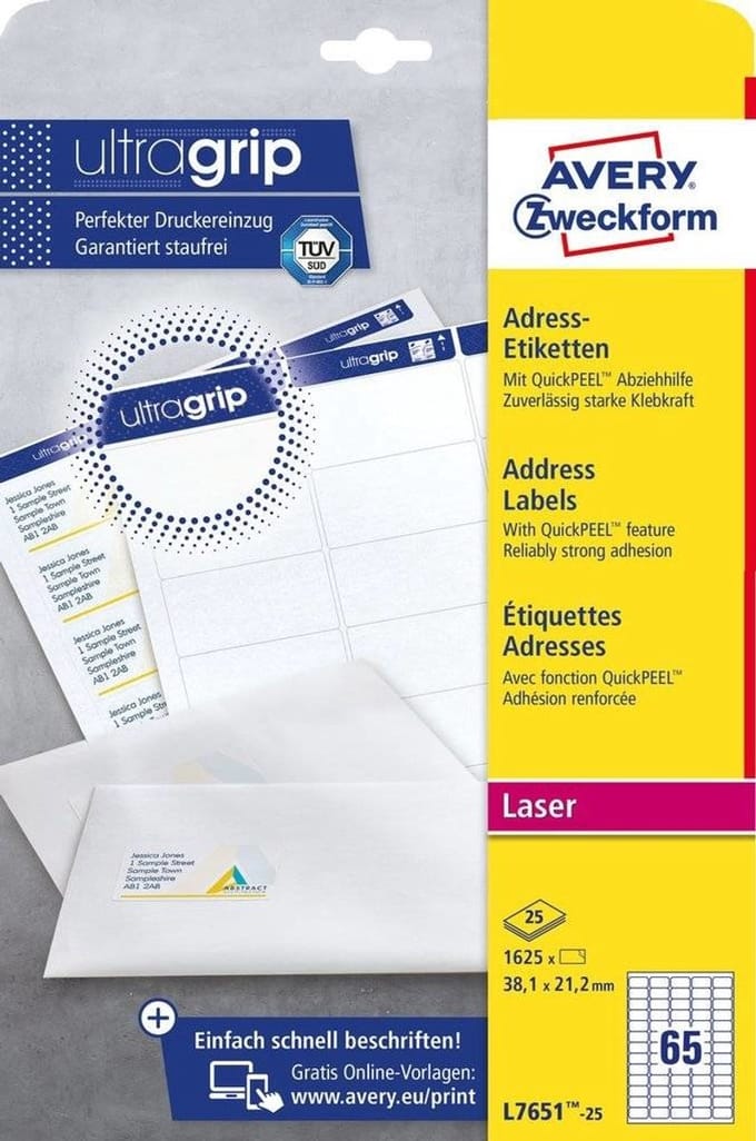Avery L7651-25 adreslabels Wit Zelfklevend label