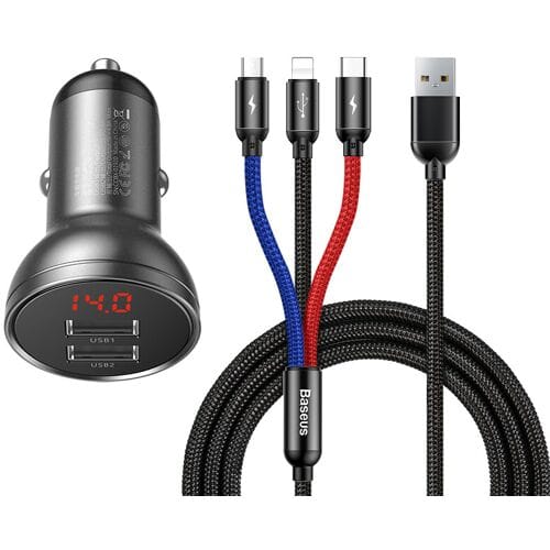 Baseus car charger with 24W display + 3in1 Three Primary Colors USB cable 1.2m