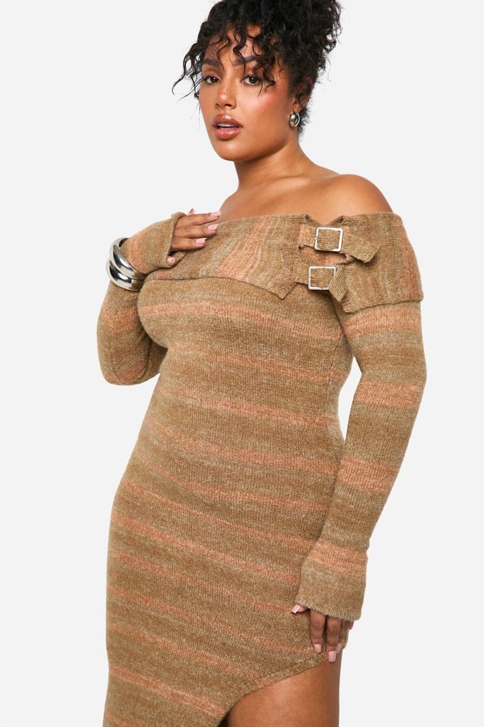 boohoo Dames Plus Bardot Buckle Gebreide Jurk | Stone | Maat: 28