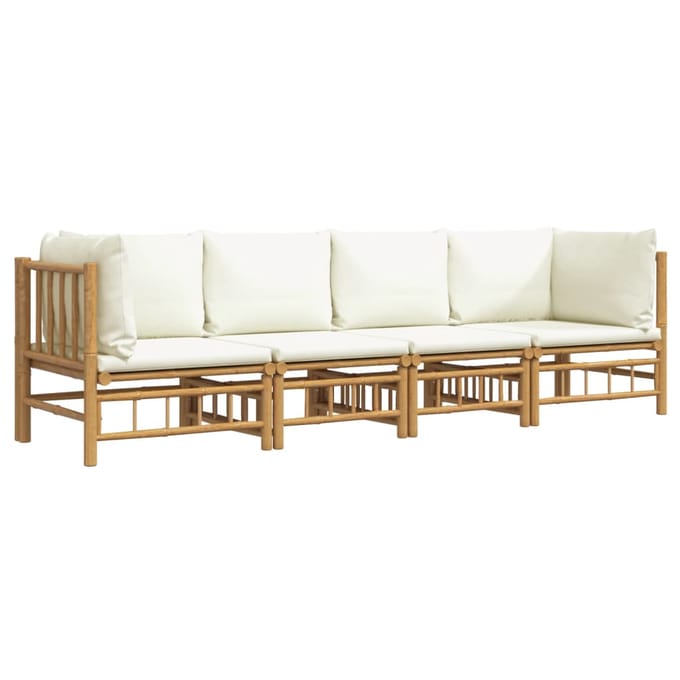 vidaXL - 4-delige - Loungeset - met - kussens - bamboe - crèmewit