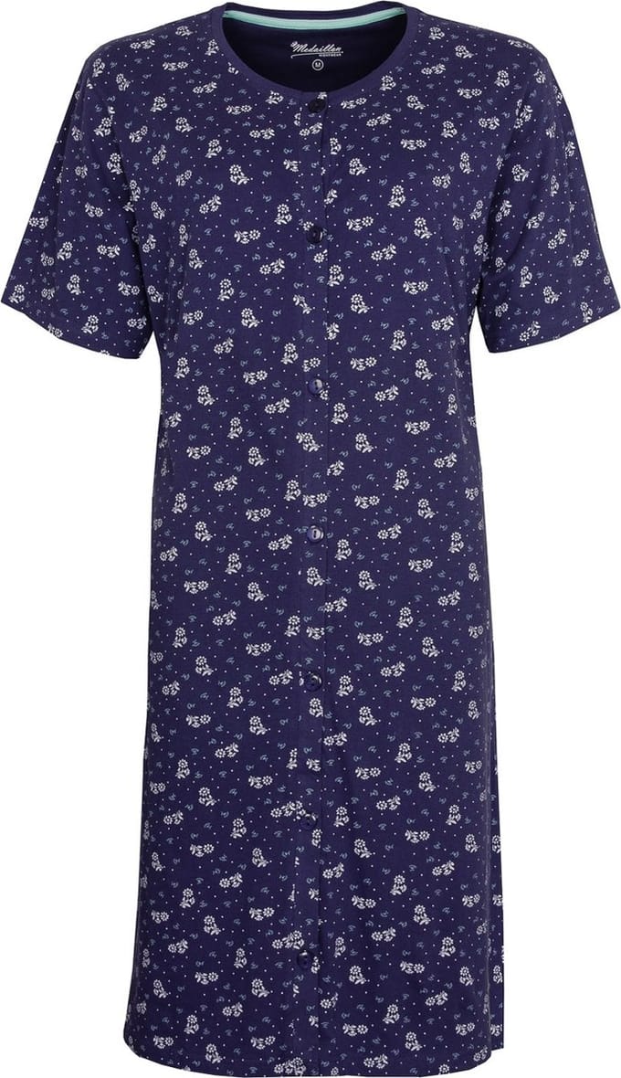 Medaillon Dames Nachthemd - Polo Sluiting - Katoen - Blauw - Maat S