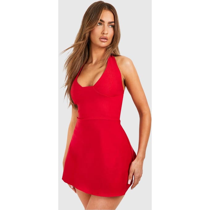 boohoo Dames Bengaline Plunge A-lijn Mini Jurk | Rood | Maat: 46
