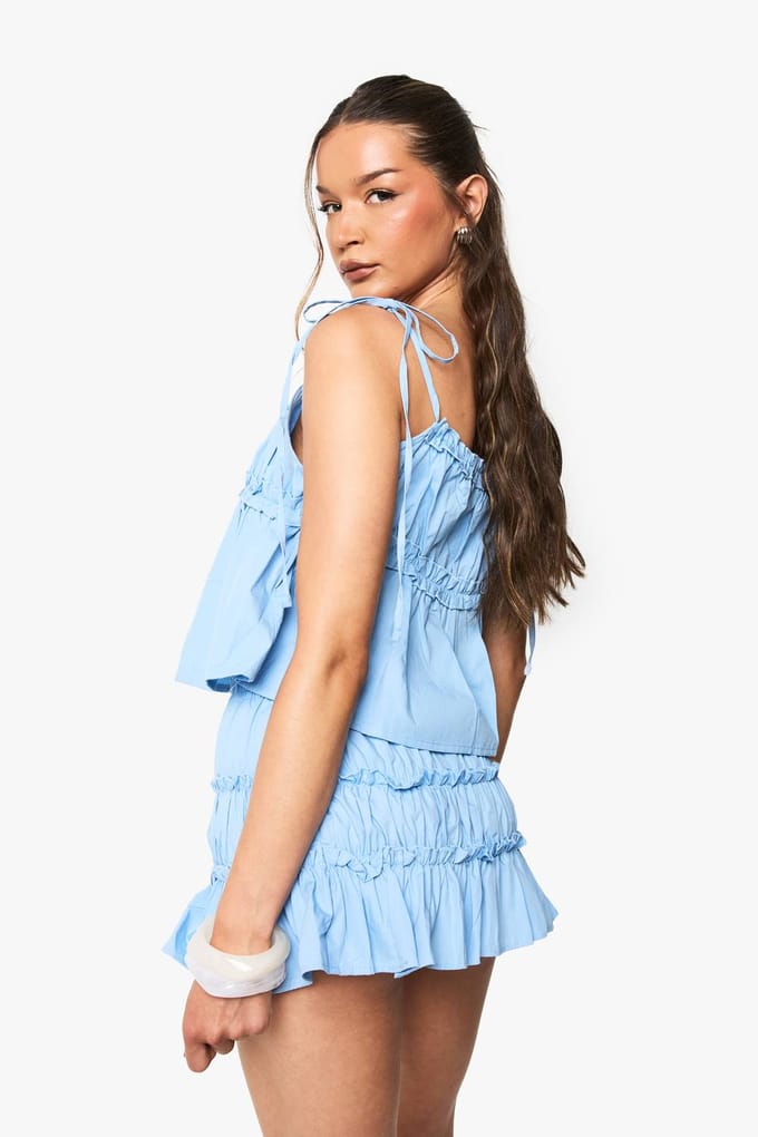 boohoo Dames Cotton Poplin Ruched Mini Rok | Baby Blue | Maat: 10