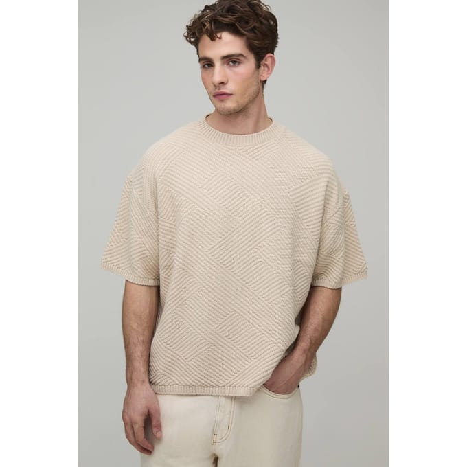 Oversized Geometric Textured Stitch Knitted T-Shirt | Stone | Size Small