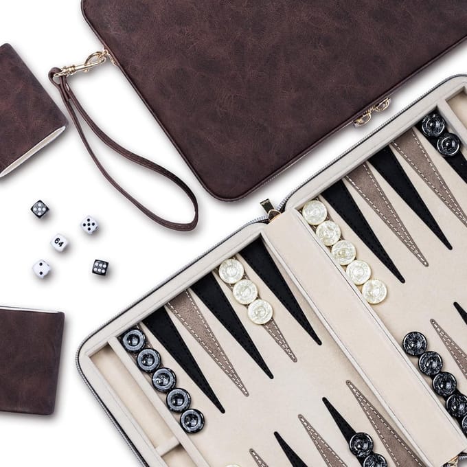 Backgammon Koffer – Luxe Backgammon Set – Lederen Bordspel – Reisspel Set - Draagbaar – Bordgame