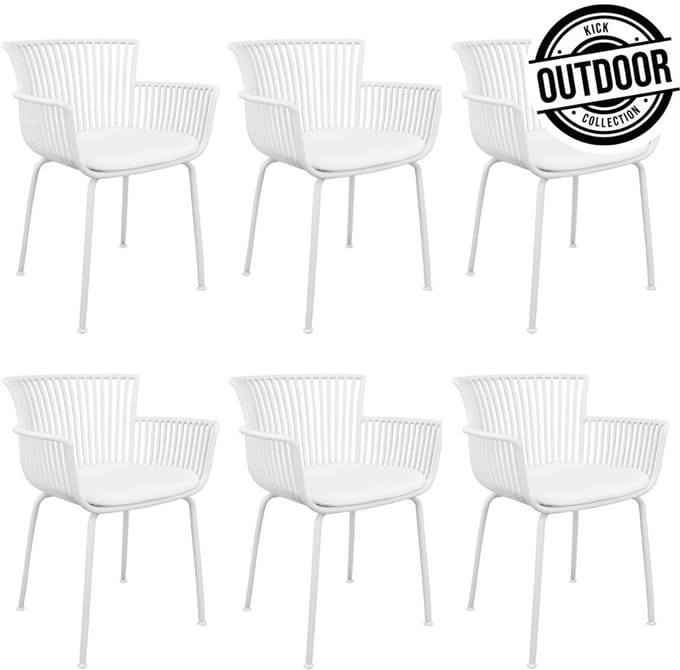KICK® OTIS Tuinstoelen – Set van 6 – Met Armleuningen – Met Zitkussen – Kunststof – Wit