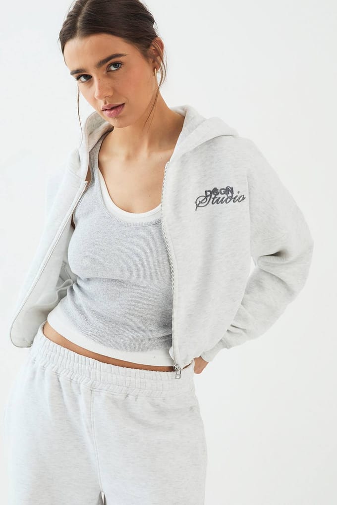 Dames DSGN Studio Badstof Applique Boxy Ritshoodie | Asgrijs | Maat: Medium