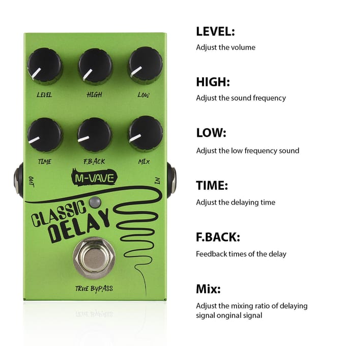 M-VAVE Gitaar Delay Effectpedaal LEVEL/HIGH/LOW/TIME/F.BACK/MIX Gitaar Bas Effectpedaal 2-Bands EQ groen