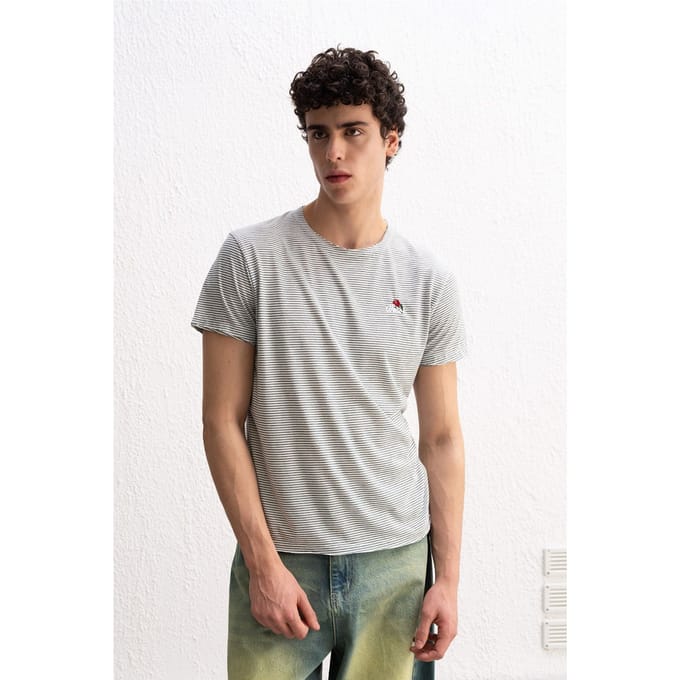 Geborduurd Gestreept T-shirt met Ronde Hals