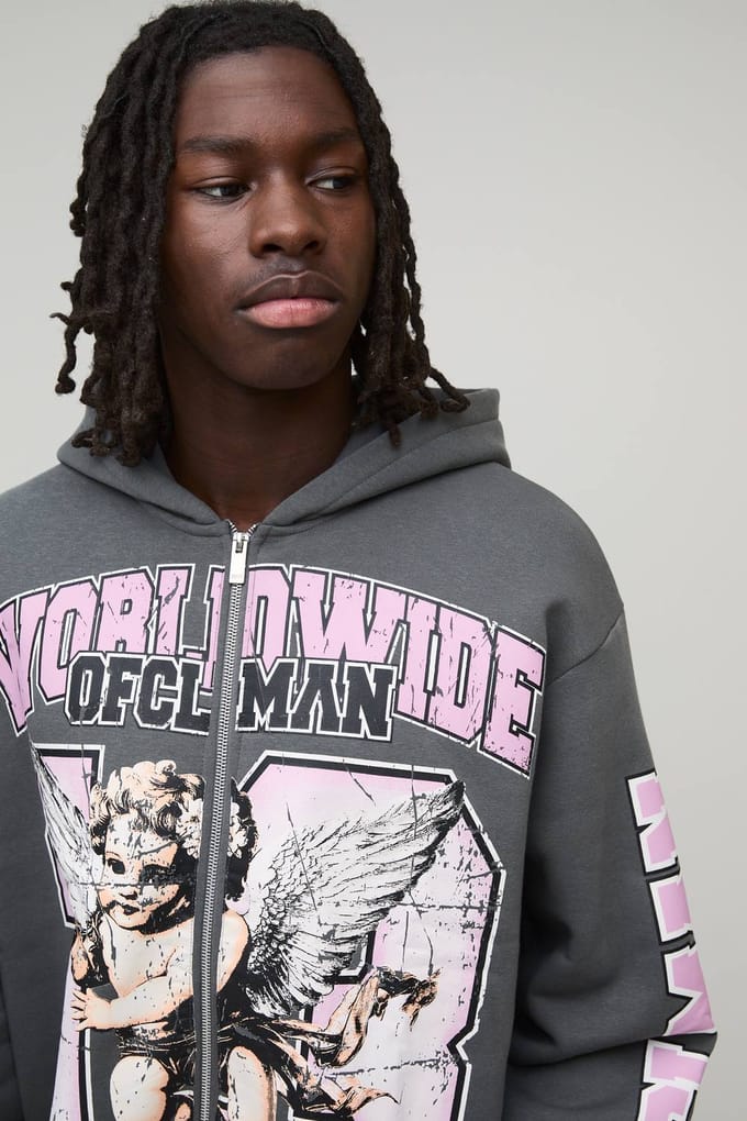 Oversized Boxy Worldwide Varsity Hoodie | Charcoal | Size Medium